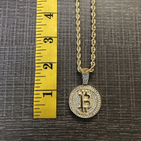 Bitcoin Pendant 14k Gold 24" Chain - Picture 1 of 5